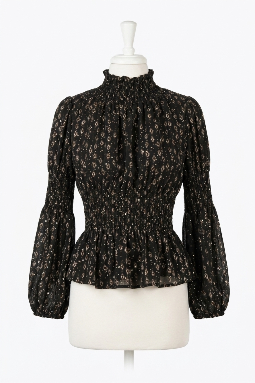 NEW MOLLY BRACKEN printed blouse with smock in black jude